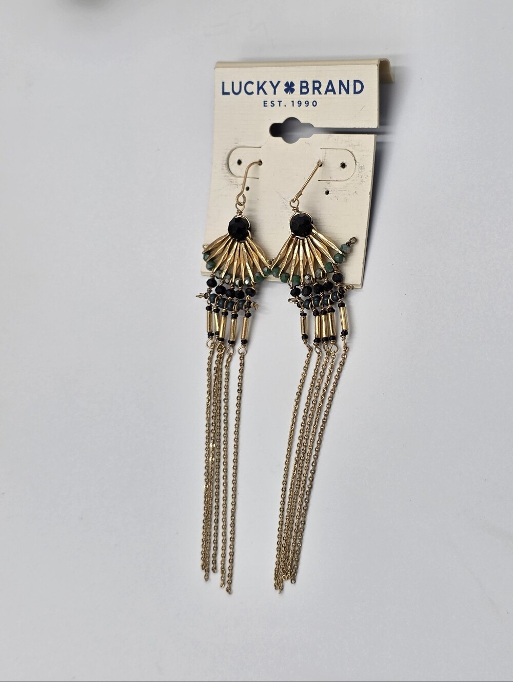 Lucky‎ Brand Gold Tone Fan Beaded Shoulder Duster Fringe Earrings Boho Statement